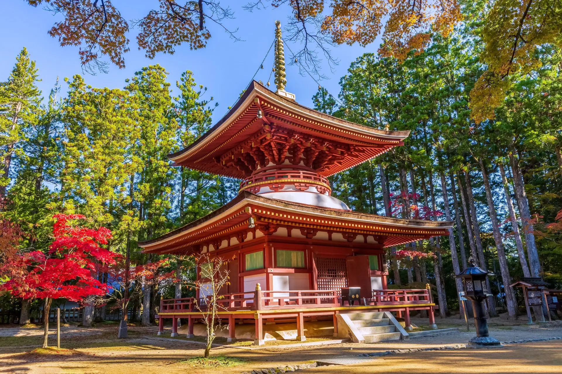 Une magnifique pagode rouge du Japon et son espace boisé alentour
