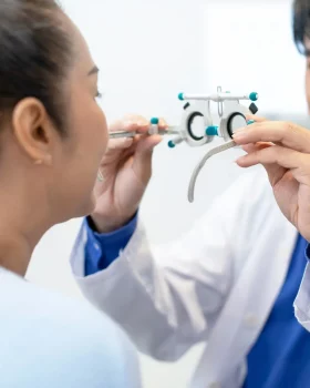 Ophtalmologiste en train de prescrire des lunettes de vue à une femme